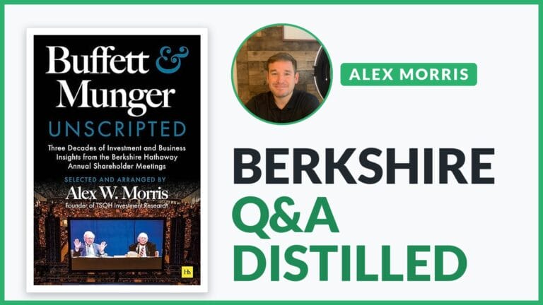 Alex Morris with his book Buffett & Munger Unscripted, text: Berkshire Q&A distilled