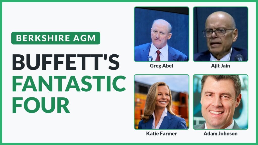 Greg Abel, Ajit Jain, Katie Farmer and Adam Johnson, text: Buffett's Fantastic Four