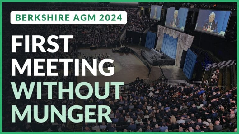 Berkshire Hathaway annual meeting arena in Omaha with Warren Buffett on the big screens. Text: First meeting without Munger
