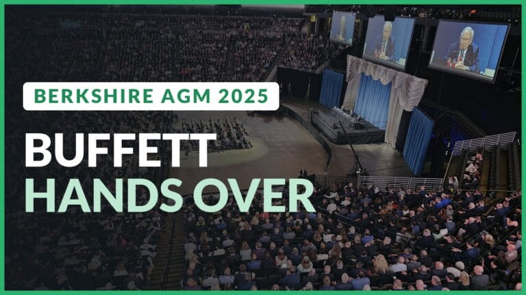 Berkshire Hathaway annual meeting arena in Omaha with Warren Buffett on the big screens. Text: Buffett hands over