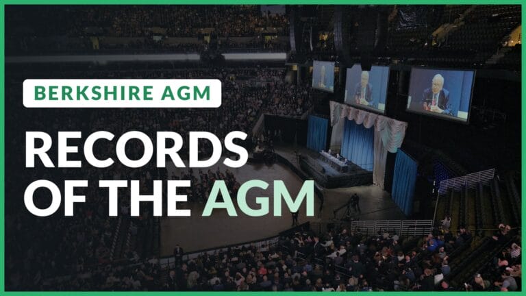 Berkshire Hathaway annual meeting arena with Warren Buffett on the screens, text: Records of the AGM