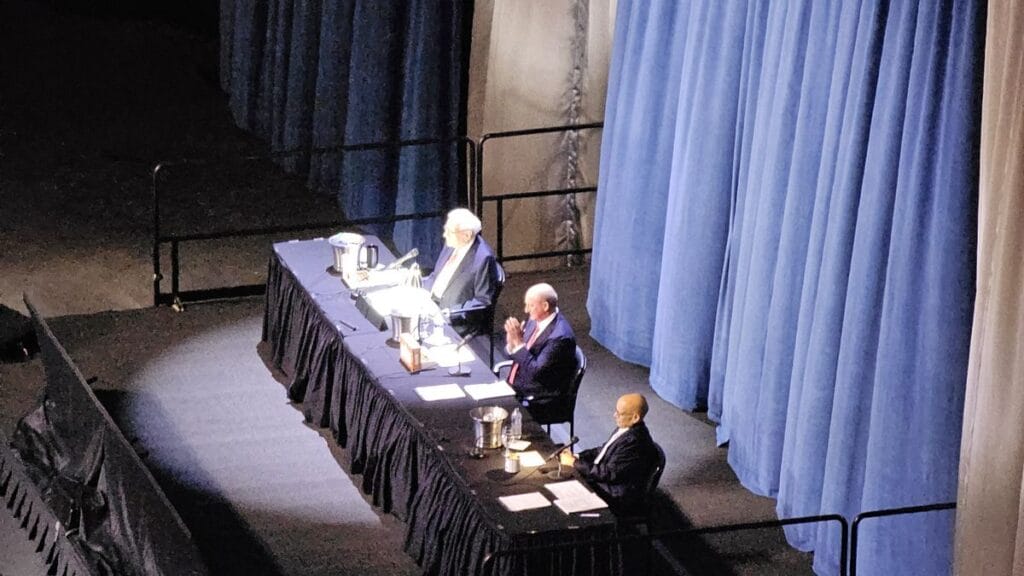 Warren Buffett, Greg Abel and Ajit Jain on stage at the 2024 Berkshire Hathaway annual meeting