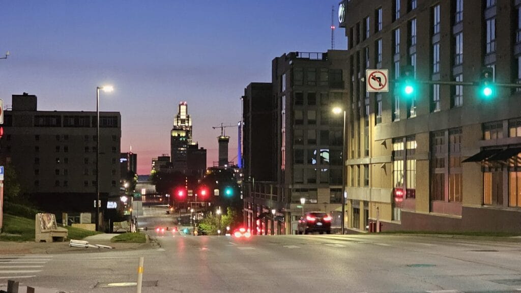 Downtown Omaha before sunrise on the morning of the 2025 Berkshire Hathaway annual meeting