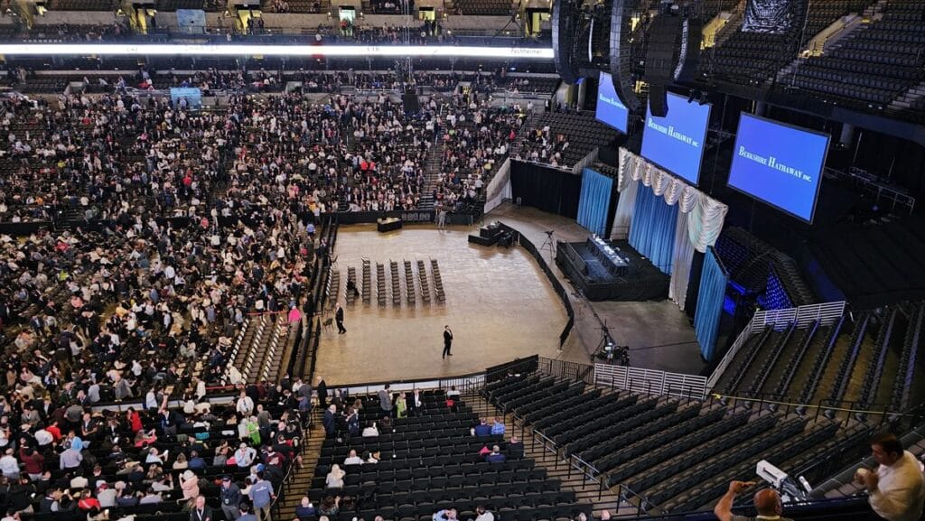 The arena and the empty stage before the 2025 Berkshire Hathaway annual meeting
