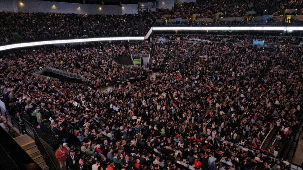 The packed arena at the 2025 Berkshire Hathaway annual meeting, seen from the upper deck
