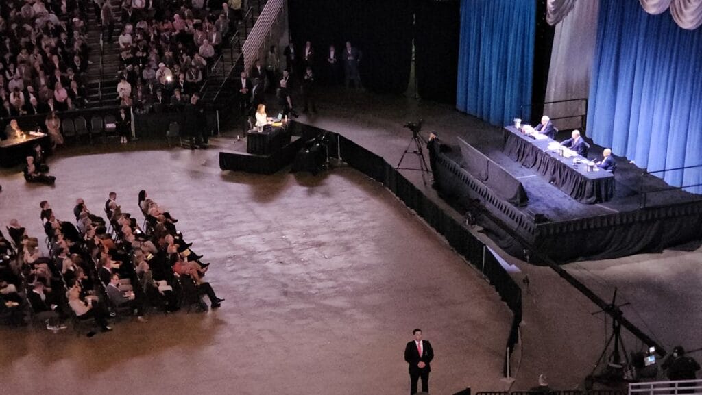 The stage at the 2025 Berkshire Hathaway annual meeting, seen from the stands