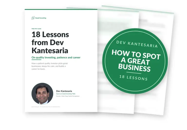 Blurred preview of Dev Kantesaria's free PDF with a green seal: How to spot a great business, 18 lessons