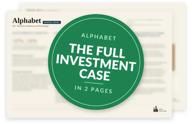 Blurred preview of Shaurya Gupta's two-page Alphabet thesis with a green seal: The full investment case in 2 pages