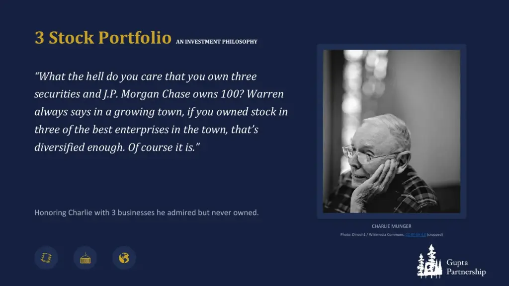 Slide titled 3 Stock Portfolio with the Charlie Munger quote that owning three of the best enterprises in a growing town is diversified enough