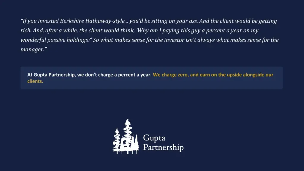 Slide with a Charlie Munger quote on Berkshire-style investing and manager fees, and the note that Gupta Partnership charges no management fee