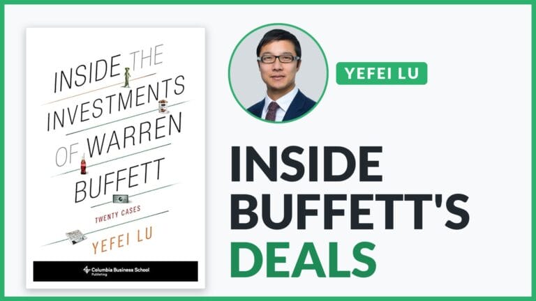 Yefei Lu with his book Inside the Investments of Warren Buffett, text: Inside Buffett's deals
